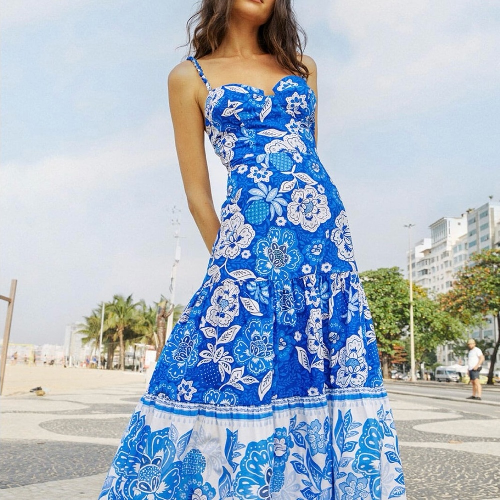 Farm Rio Floral Blue and White Maxi Dress